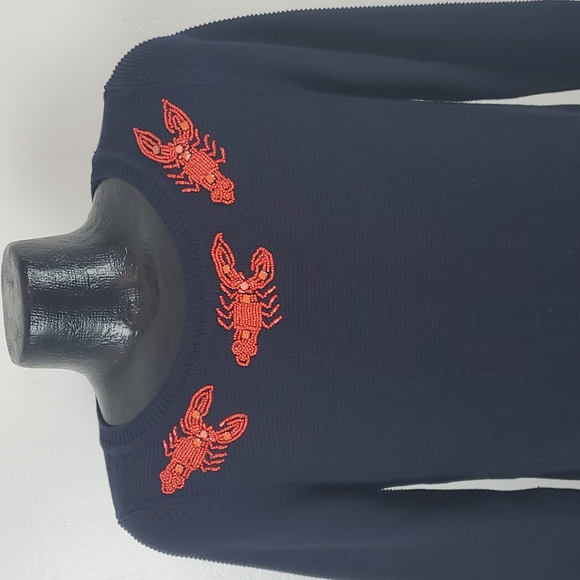 Talbots sweater beaded lobster navy blue knit cotton blend women size M - Picture 2 of 5